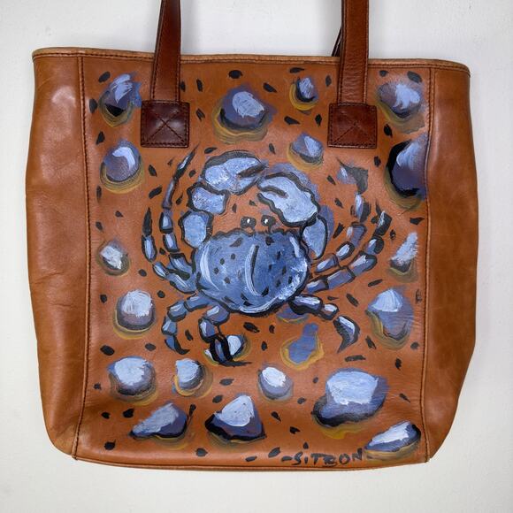 Nine West Leather Shoulder Bag Purse Hand Painted Blue Crab Coastal Marine Beach - Picture 3 of 16